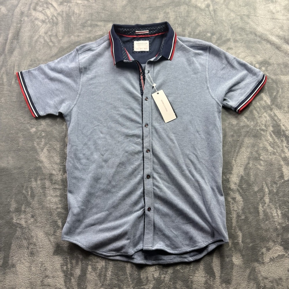 Denim & Flower Ricky Singh Men's Large Blue Button Front Polo Shirt NWT